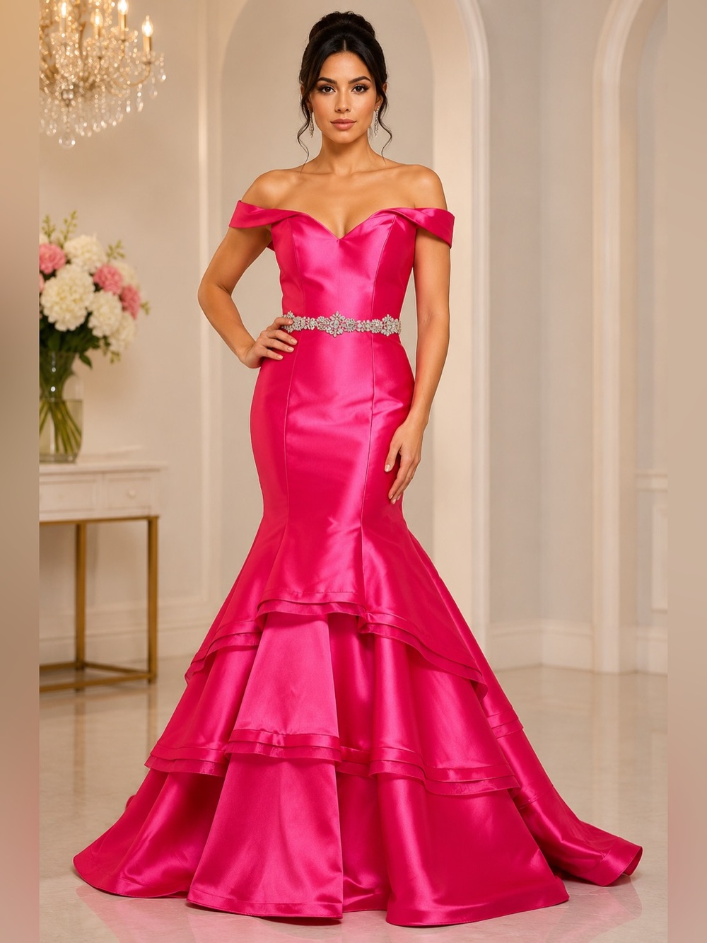 Jovani NWOT Fuchsia Satin Off Shoulder Rhinestone Belt High Low Mermaid Dress 8